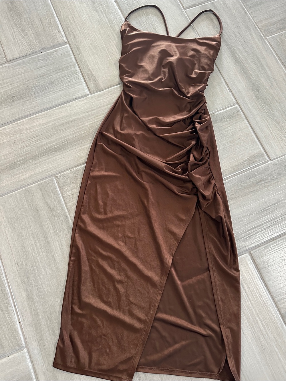 Satin Spaghetti Strap Midi Dress - chocolate Brown/thigh high slit scrunch waist